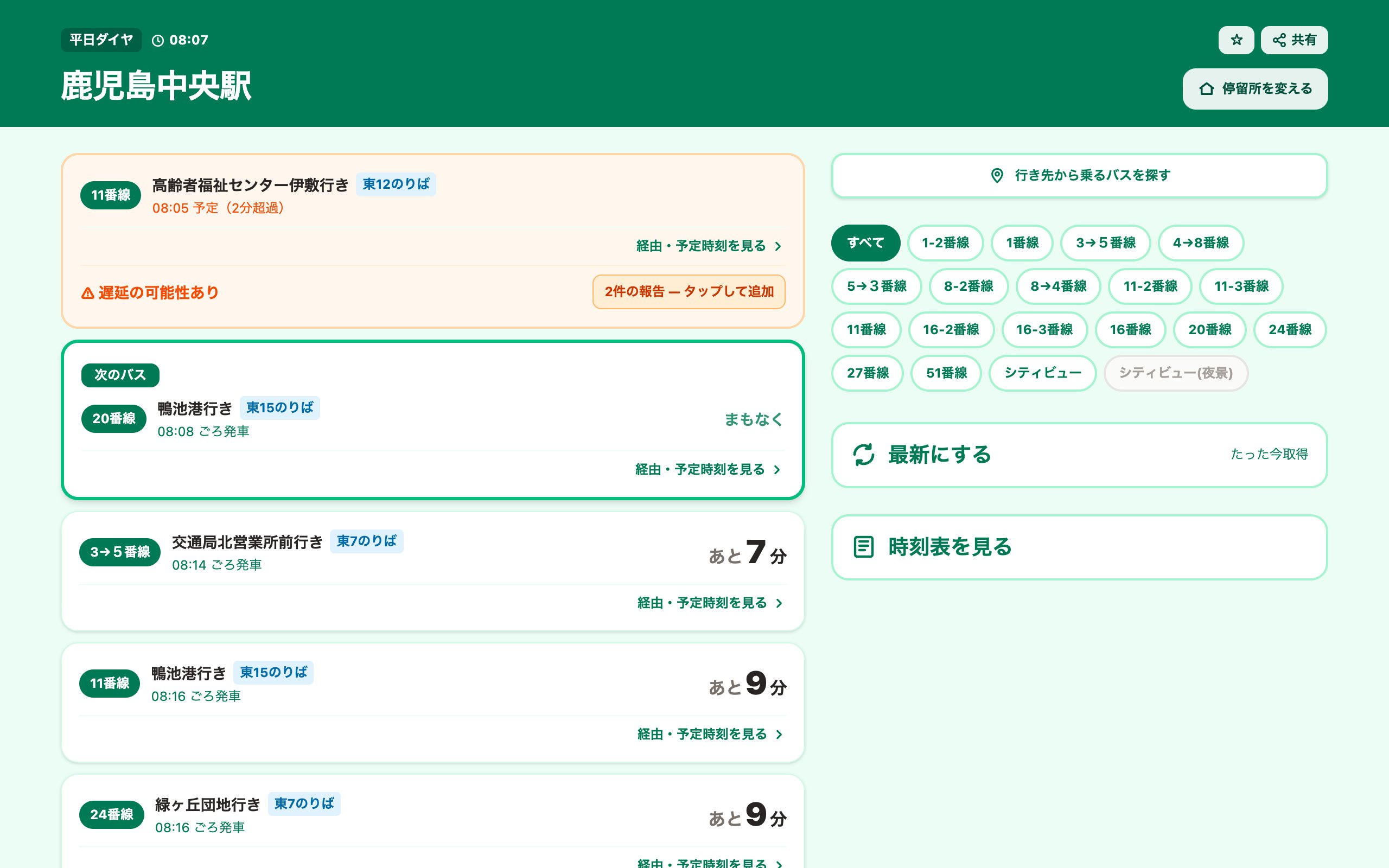 パソコンの幅で開いた市バスなうの鹿児島中央駅の発車案内。左にバスの一覧、右に系統の絞り込みボタンと「最新にする」「時刻表を見る」が並んでいる。